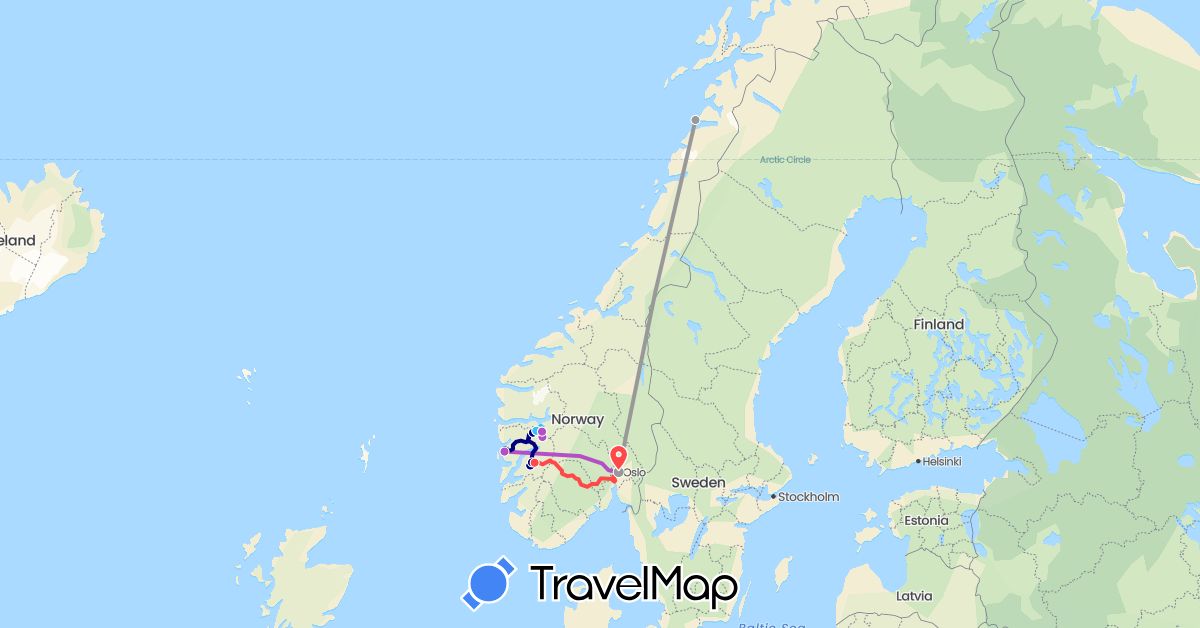 TravelMap itinerary: driving, bus, plane, train, hiking, boat in Norway (Europe)